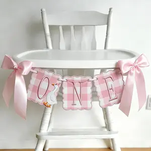 Pink Gingham with Embroidered White Goose Bow Banner, One Silly Goose High Chair Banner for 1st Birthday Decorations Girl (Pink Goose)
