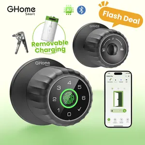 GHome Smart 4-in-1 Keyless Entry Door Knob KD03 PRO with Biometric Fingerprint, Keypad, App and Bluetooth Control, Rechargeable Battery and Removable Charging Design
