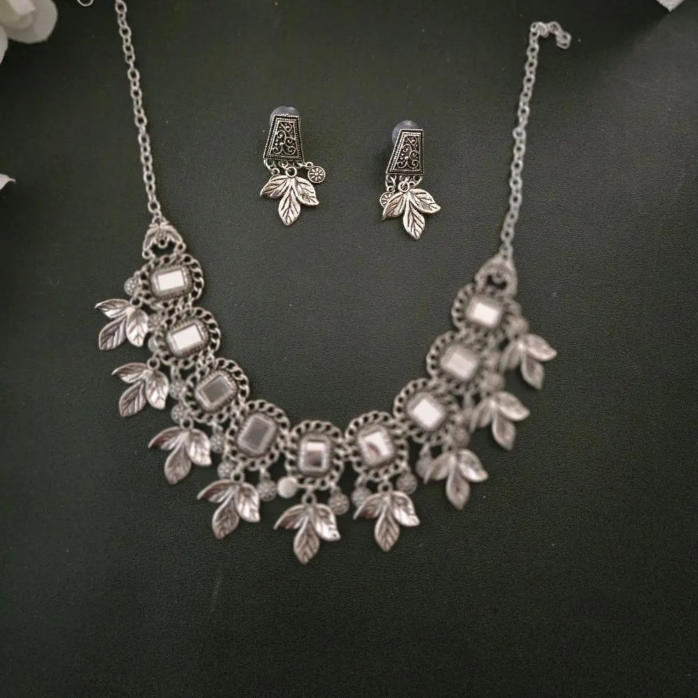 Mirror Necklace and Earrings - Silver-Tone Leaf Design with Rectangular Mirrors - Fashion Jewelry Set