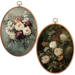 Chumia Vintage Floral Oval Framed Wall Art Set of 2 Retro Cottagecore Flower Botanical Oval Canvas Wall Decor, Rustic Floral Framed Prints Hanging Decor for Home Bedroom Living Room