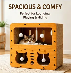 3-in-1 Cat Playhouse – Scratch, Play & Rest All-in-One Cozy Cat House with Hanging Balls, Durable Corrugated Cardboard, Perfect for Kittens & Adult Cats
