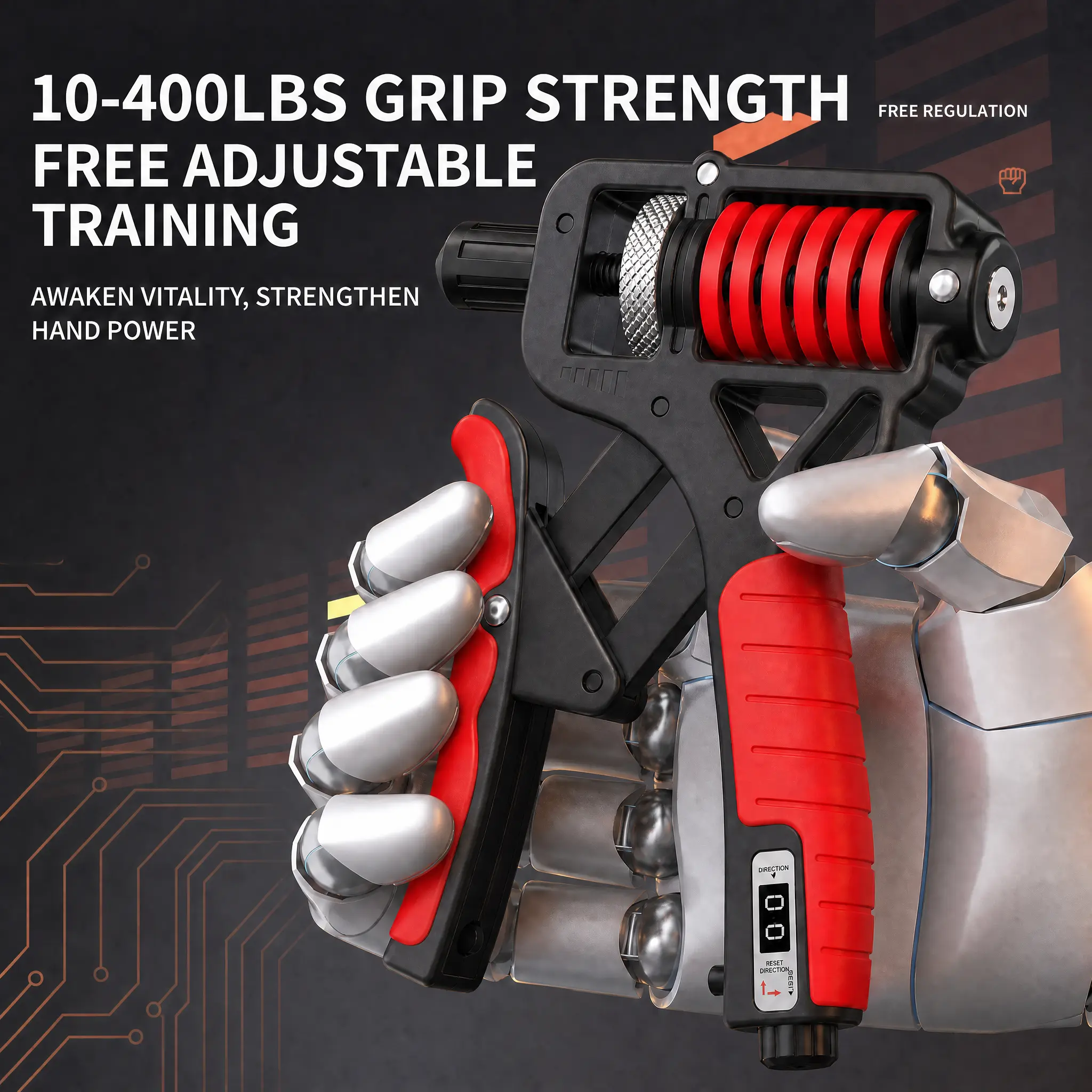 Adjustable 10–400 lb Mechanical Counting Grip Strength Trainer – Alloy Frame, Titanium-Plated Steel, TPR Non-Slip Handles