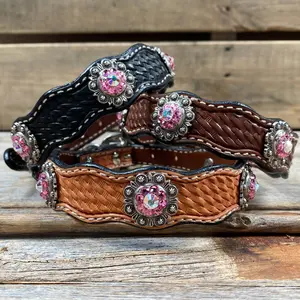 Genuine Leather Dog Collar With Antique Silver Pink and AB Conchos 10" to 22" -DC40