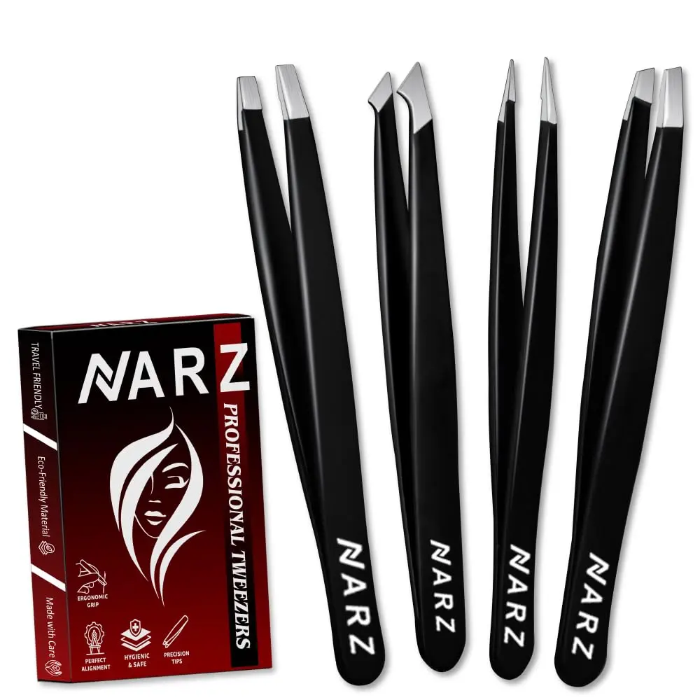 NARZ 4Pcs Tweezers for Facial Hair Stainless Tweezers for Ingrown Hair Eyebrow Tweezer for Men & (Black Set)