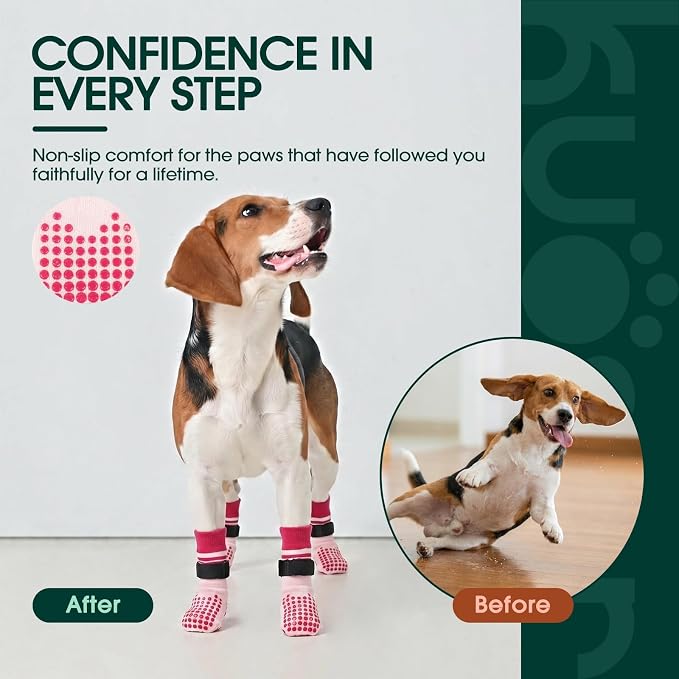 Kuoser Non Slip Dog Socks with Adjustable Strap for Small Medium Large Dogs | Double-sided silicone grips provide strong traction and prevent slipping on slick hardwood floors.