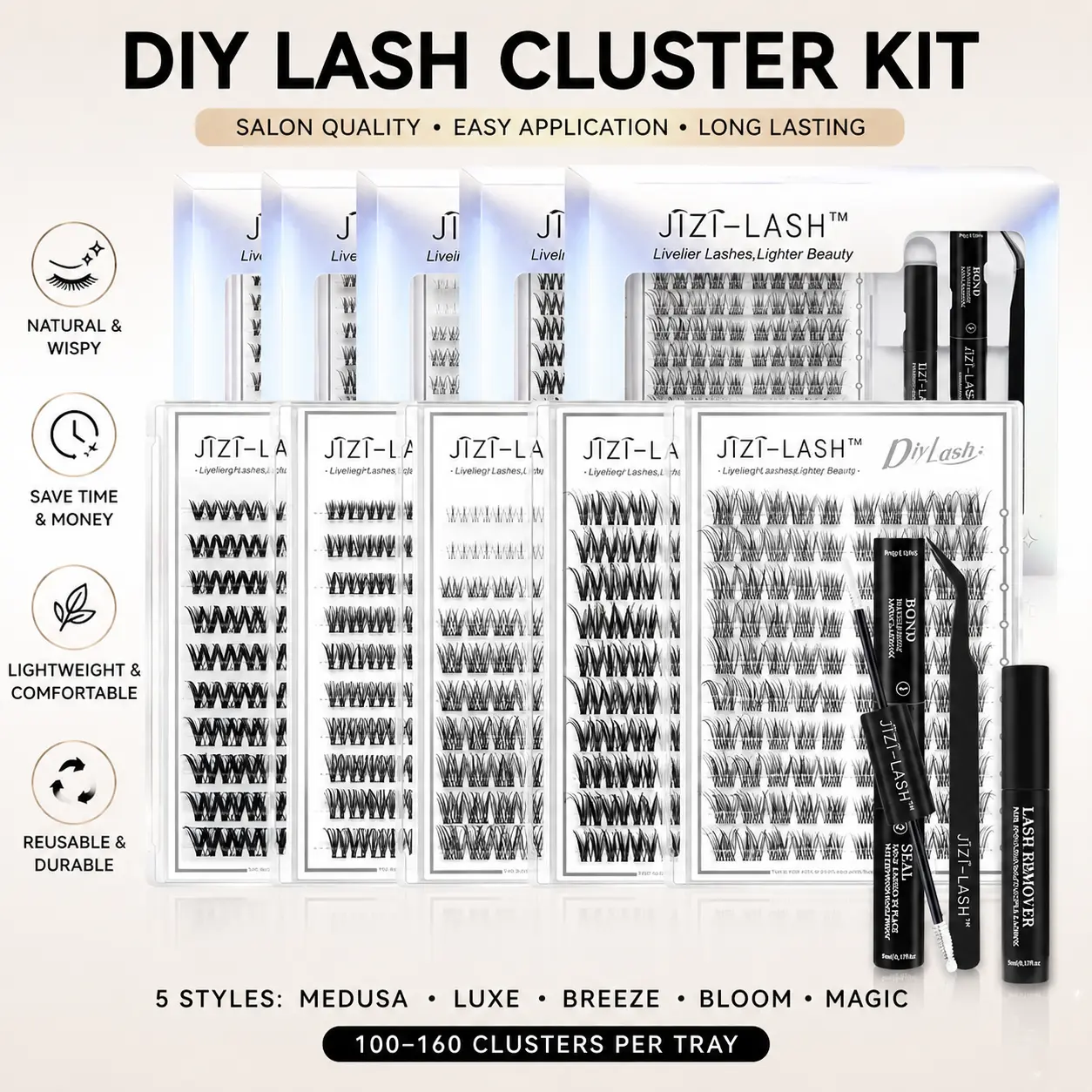 JIZI LASH LengthLock Collection DIY Lash Clusters (Buy 1 Get 1 Free) - 8mm-16mm B Curl, Ultra-Dense, Waterproof, Long-Lasting, Cosmetic Eyelashes for Flawless Makeup Look