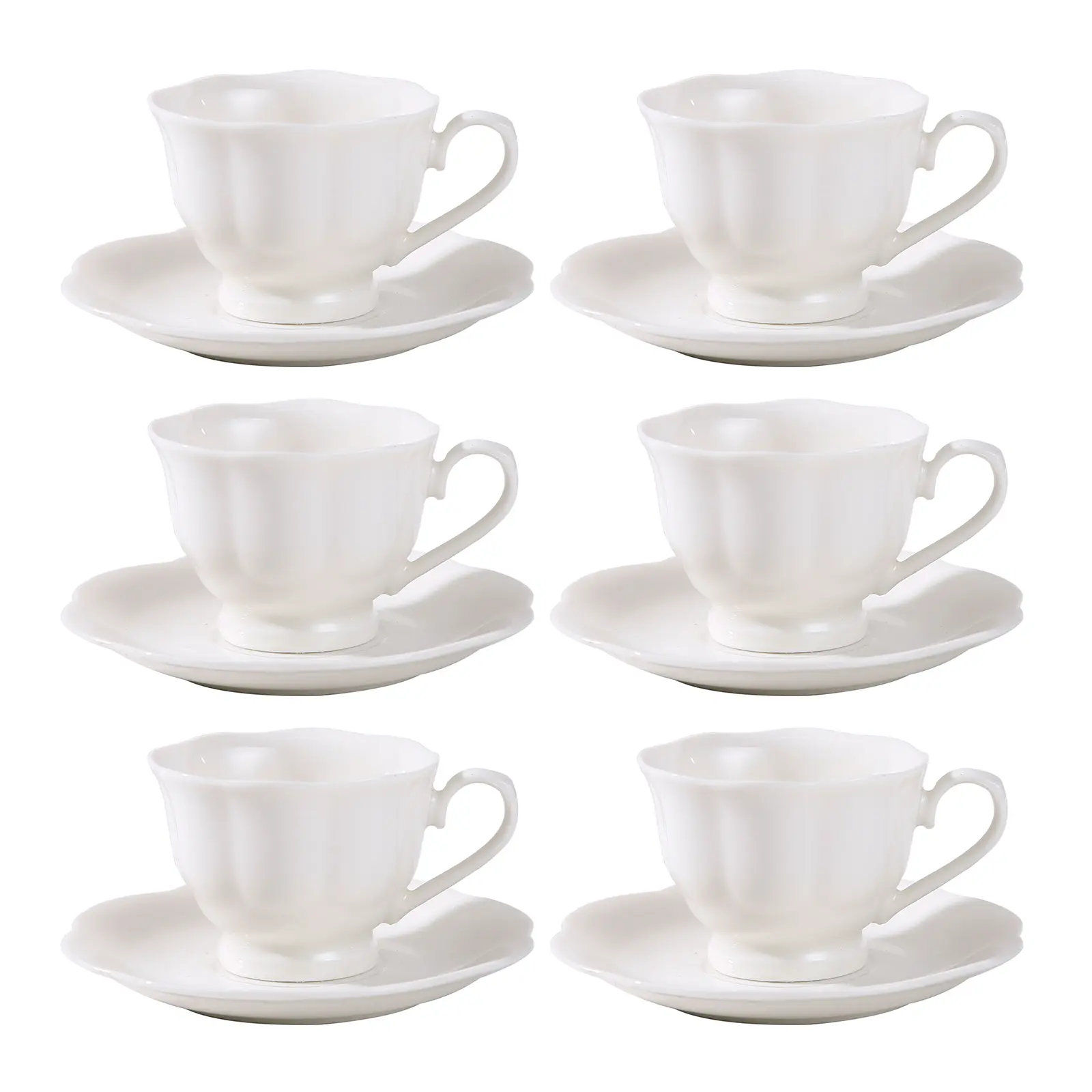White Porcelain Tea Cups and Saucers Set of 6, 2.87oz Espresso Coffee Cup Set for Cappuccino Latte Mocha Tea, European, Classic Drinkware Ceramic Cup