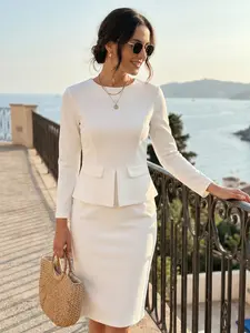 INSPIRE CHIC Women's Round Neck Bracelet Sleeve Peplum Wear to Work Office Sheath Bodycon Pencil Dress White