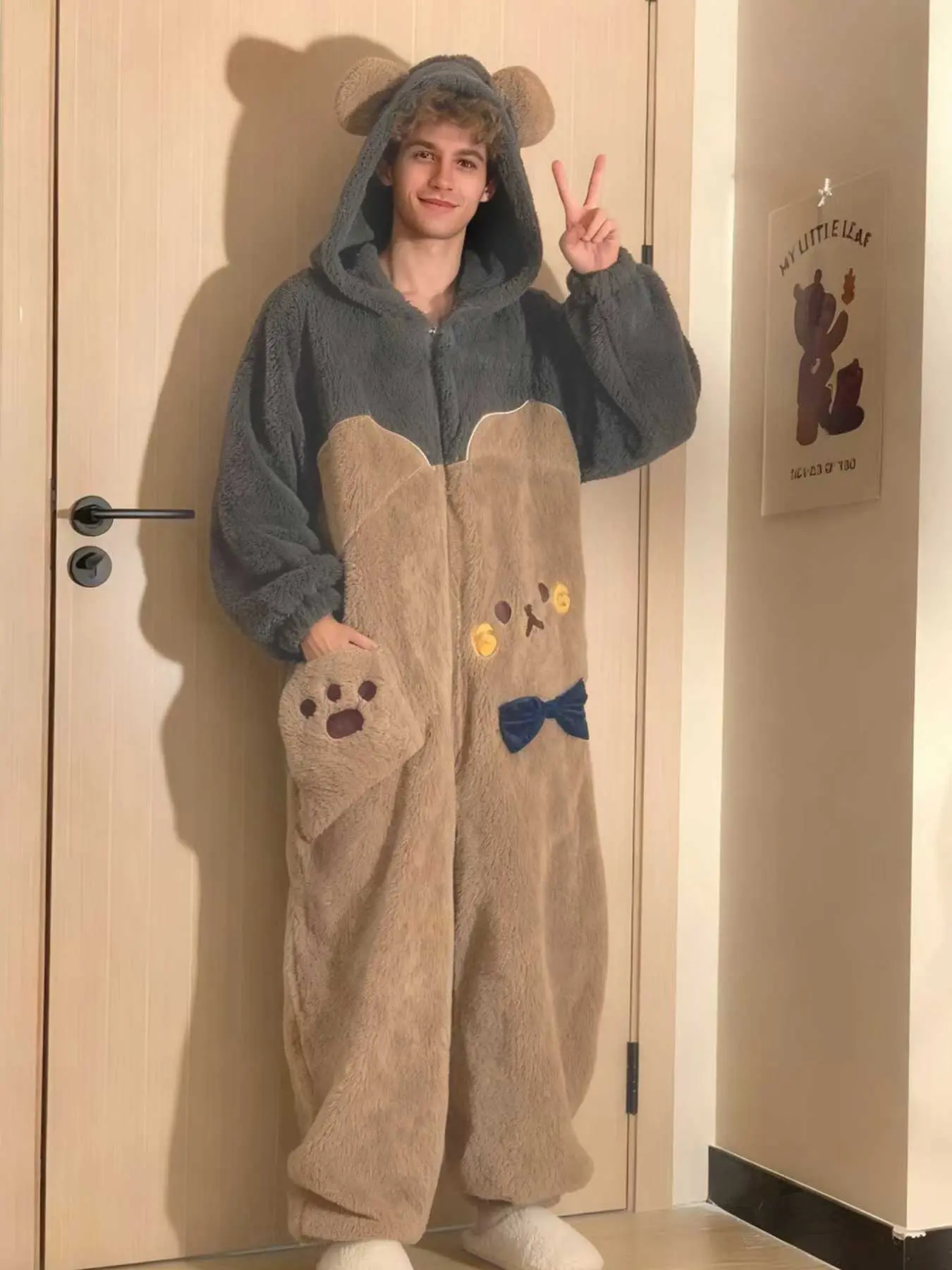 Men's Cartoon Cute Bear Hooded Long Sleeve Jumpsuit, Unicorn Design Winter Role Play Onesie, Christmas Party Casual, Festive Fleece Overall