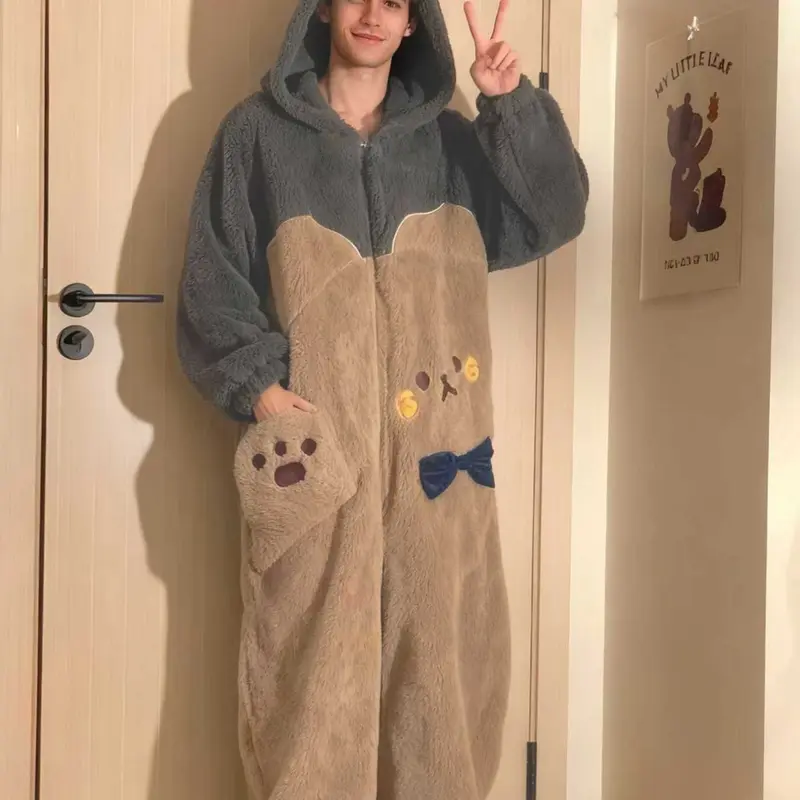 Men's Cartoon Cute Bear Hooded Long Sleeve Jumpsuit, Unicorn Design Winter Role Play Onesie, Christmas Party Casual, Festive Fleece Overall