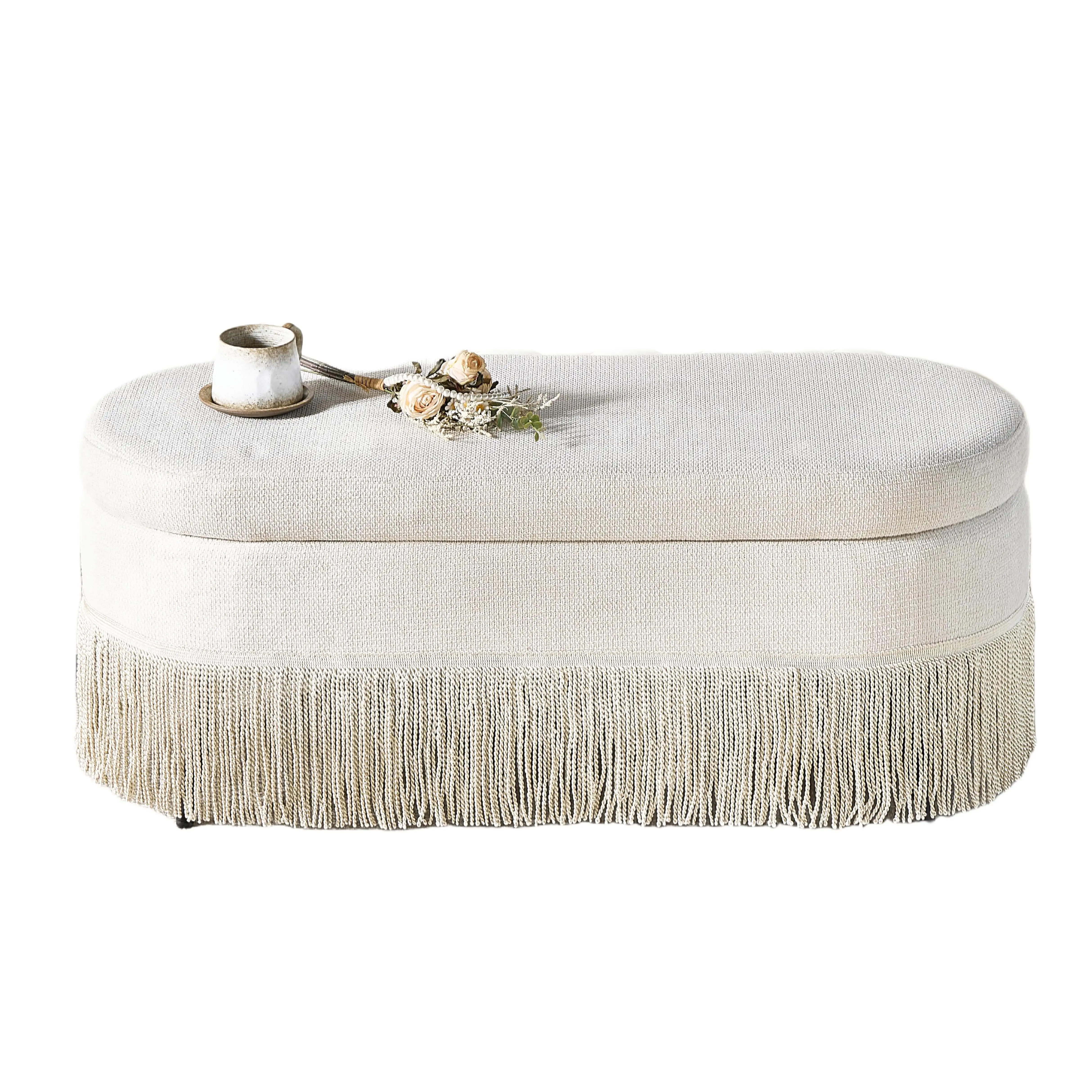 Beige Oval Upholstered Storage Ottoman with Fringe Trim, Lift-Top Hidden Storage, Sturdy Metal Frame Legs, Multifunctional Fabric Footrest Bench for Living Room, Bedroom