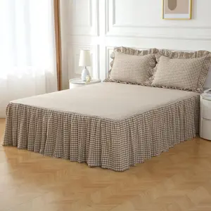 Taupe/White Plaid Bed Skirt Washed Cotton Shabby Gingham Checkered Dust Ruffle King Size 18" Bedding(1 Bed Skirt Only)