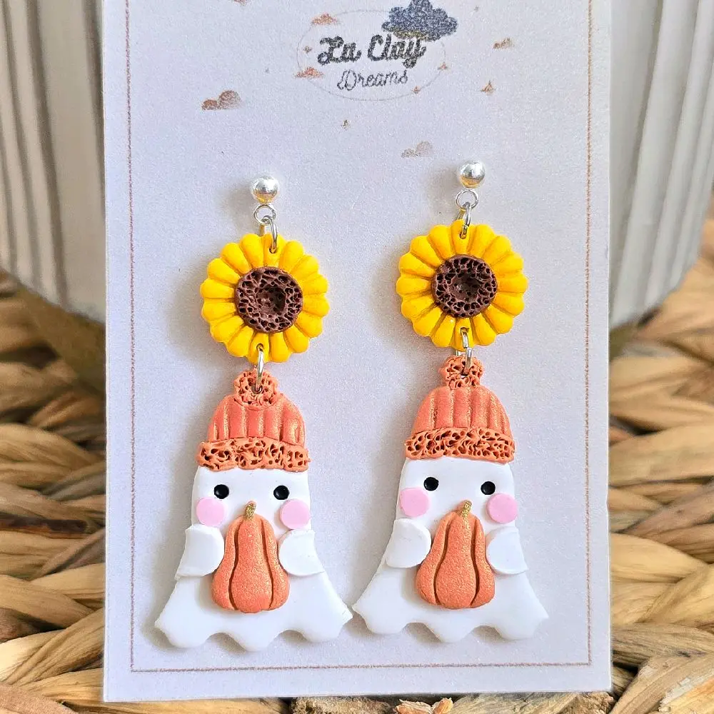 La Clay Dreams Handmade Polymer Clay Earrings with Adorable Halloween Ghosts Holding Pumpkins & Wearing Winter Hats Dangling from Sunflowers
