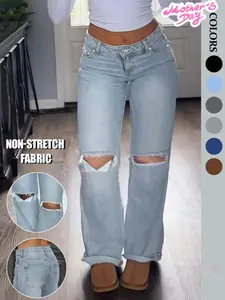 NVFelix Women's Plain Distressed Ripped Fitted Jeans, Fashion Casual Streetwear Denim Pants Fabric for Daily Everyday Outdoor Wear, Women's Denim Jeans for Spring & Fall