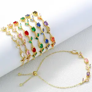 Multicolor Cubic Zirconia Tulip Flower Bracelet Dainty Cubic Zirconia Floral Bracelets Sweet Fine Bridal Wedding Prom Jewelry for Her