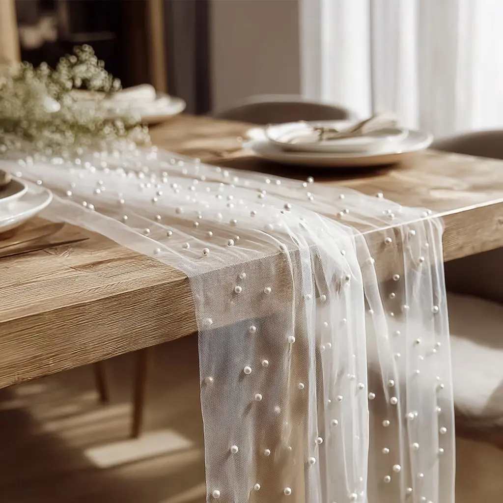 1/2/3-piece pack, 30*119inch elegant white tulle table runner with Pearl Detailing, suitable for decorating arches/table runners/tables/chair back ribbons/dessert tables, perfect for wedding ceremonies and holiday party decorations, Table Settings