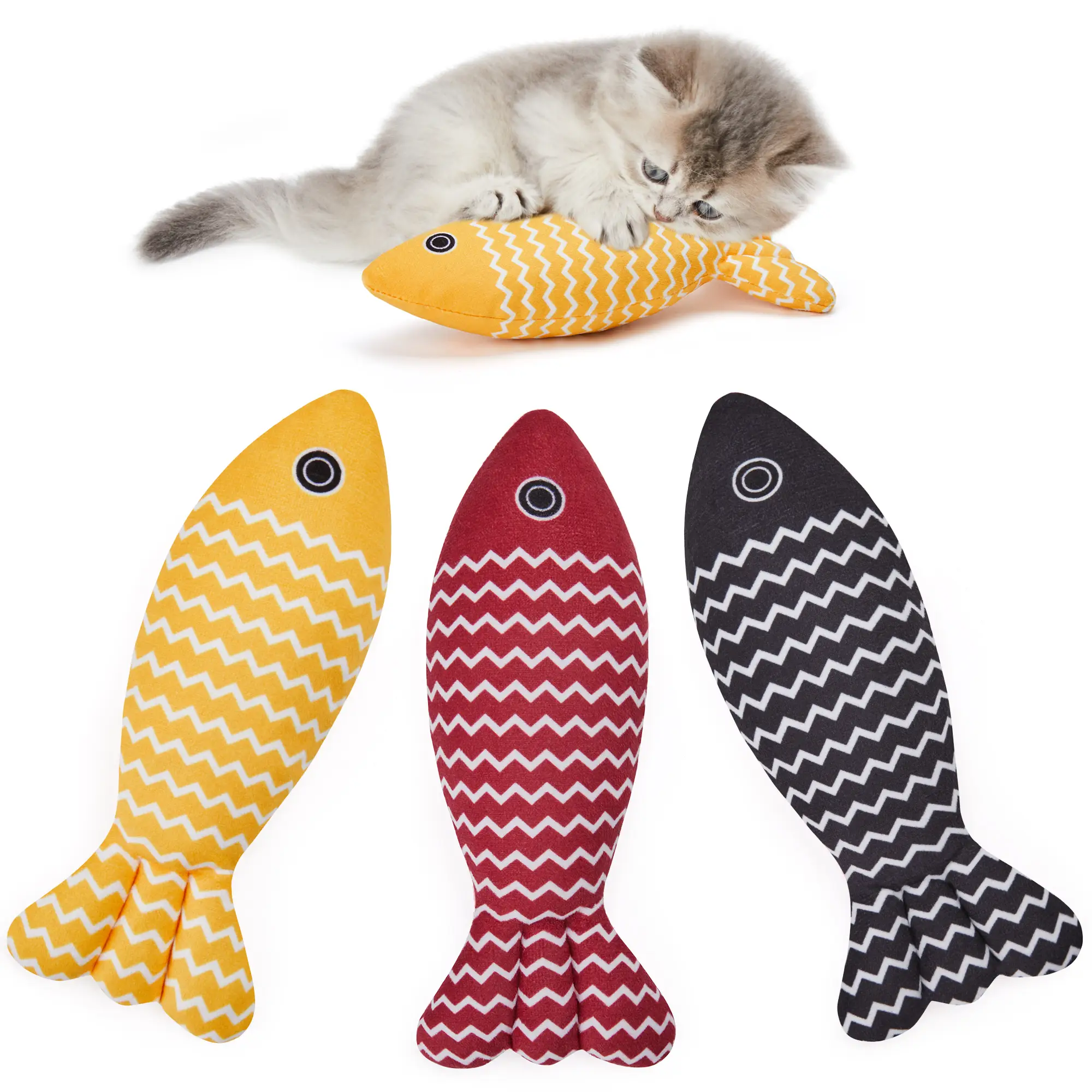 Potaroma Cat Toys Fish, 3 Pcs Crinkle Sound Toys Soft Linen, Interactive Kitten Exercise Kicker Toys for Indoor Cats 7.8 Inches for All Breeds