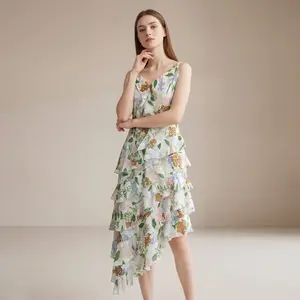Women's LesLuvra Casual Midi Dress - Floral Cascade Design, Asymmetrical Ruffle, Hidden Pockets
