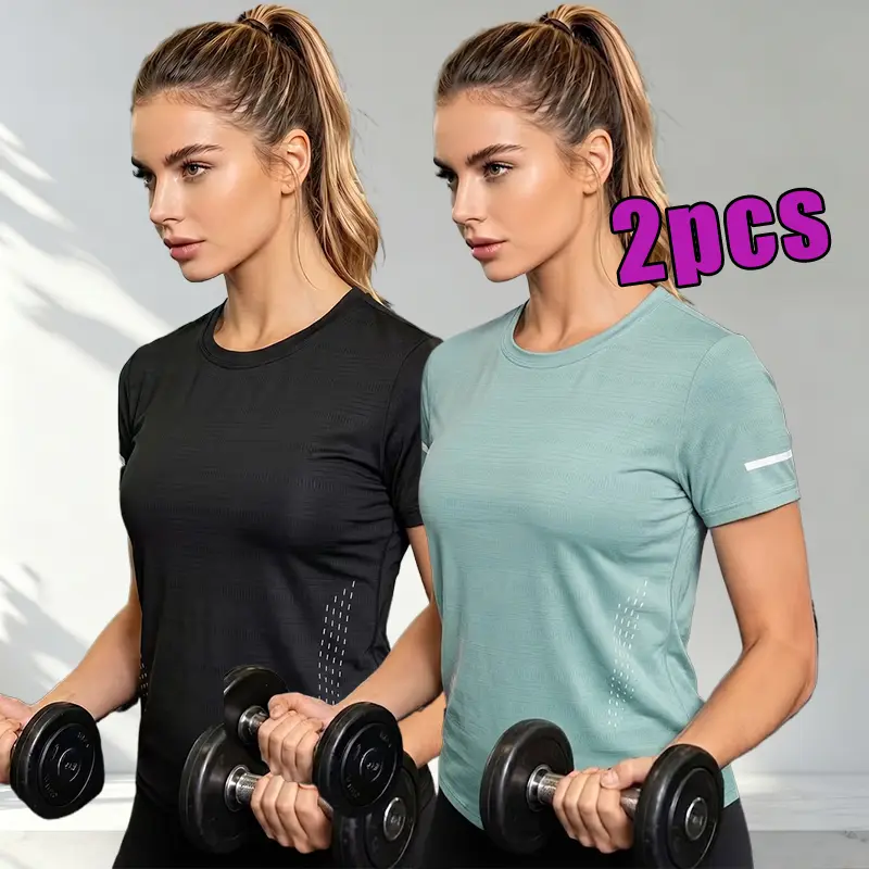 2pcs Quick-Dry Women’s Sports Short Sleeve Yoga T-Shirt, Summer Breathable Crew Neck with Geometric Pattern Print, Suitable for Exercise and Fitness