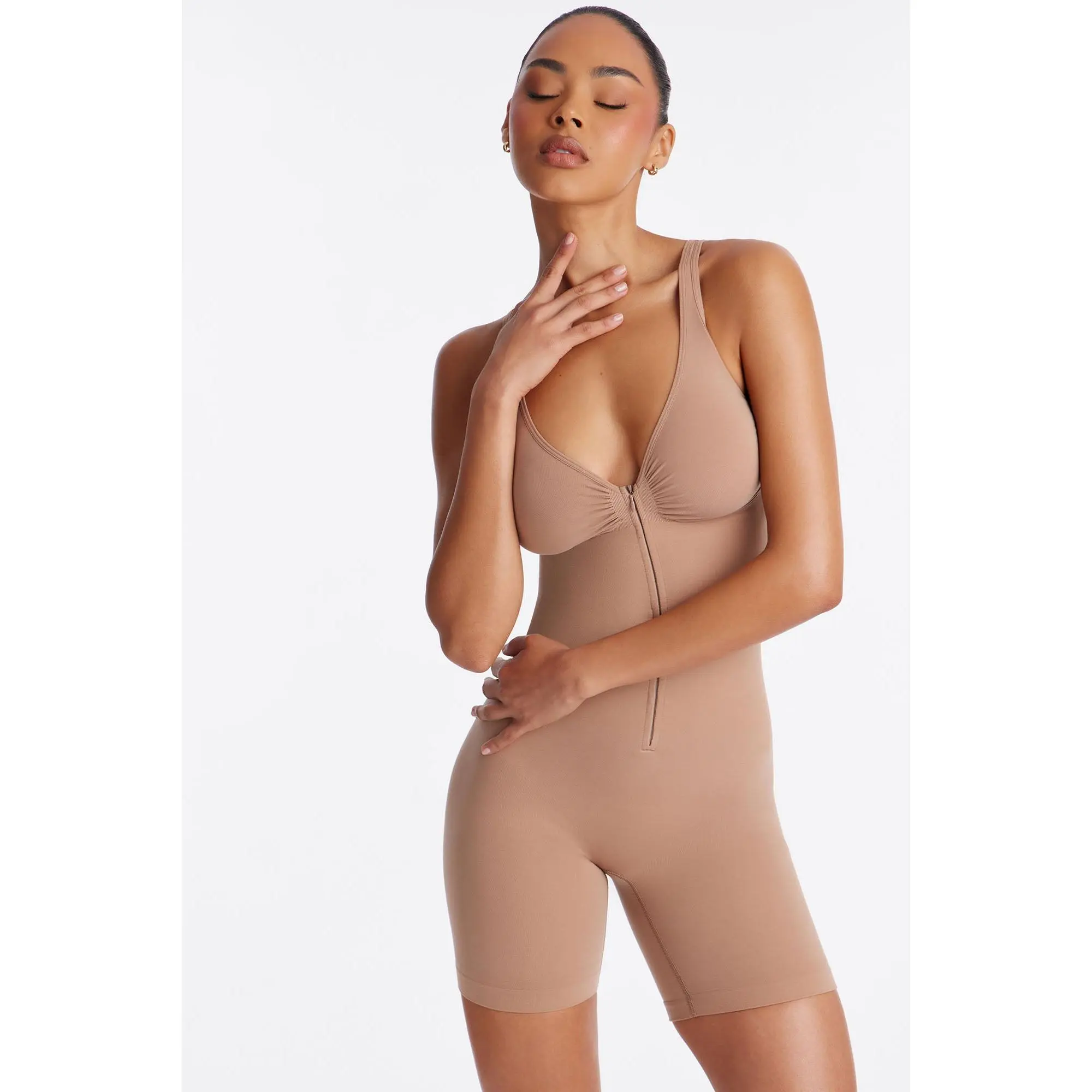 Nova Sculpt Seamless Strong Compression Zip Front Thigh Shaping Bodysuit - Nude