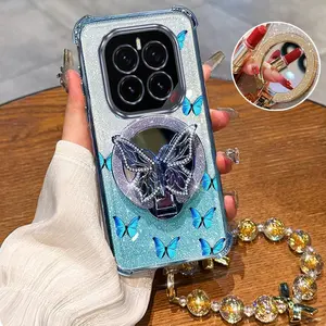 Honor GT Pro Fashion Series Golden Jewelry Strap Lanyard Phone Holder Case For Compatible With Huawei Honor Gt Pro Transparent Glitter Shiny Cover and Impact Resistant Blue Dancing Butterfly Protector Cases