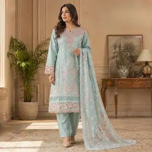 ZAROORI Aqua Mist Cotton Embroidered Pakistani 3-Piece Suit – Blush Pink & Ivory Thread Work with Embroidered Dupatta | Article No: ZR-561