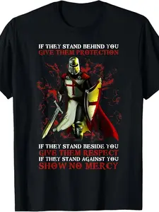 Men's & Women's Knight Templar Medieval Knight Graphic T-Shirt - 220gsm Heavyweight Cotton Retro Crusader Design with Latin Motto "Non Est Tempore - If They Stand Behind You Give Them Protection" - Historical Battle Shirt for Renaissance Fairs & Themed Ev