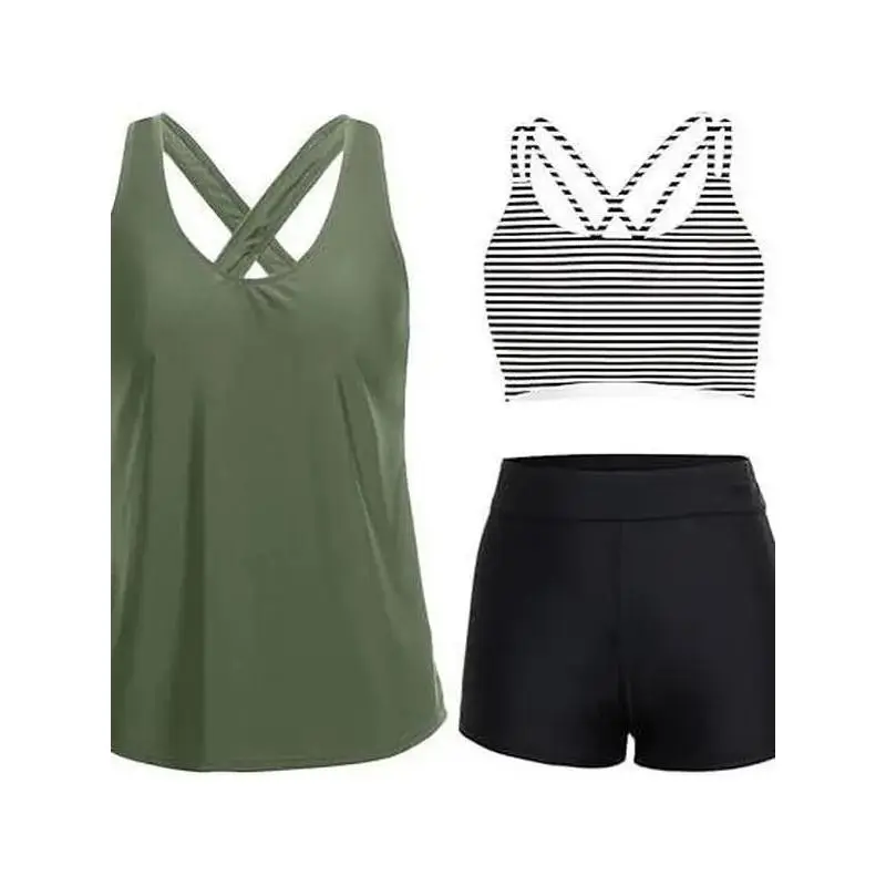 Women's 3-Piece Quick-Dry Fabric Tankini Set Swimsuit for Women - Tummy Control, Bra Top & Shorts Included, Suitable for Teens