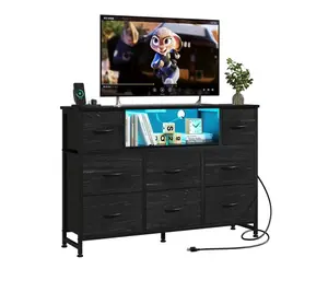 55 inch TV Stand Dresser, 8 Fabric Drawers Storage Organizer for Bedroom Living Room, LED & Charging Station, Wood Black