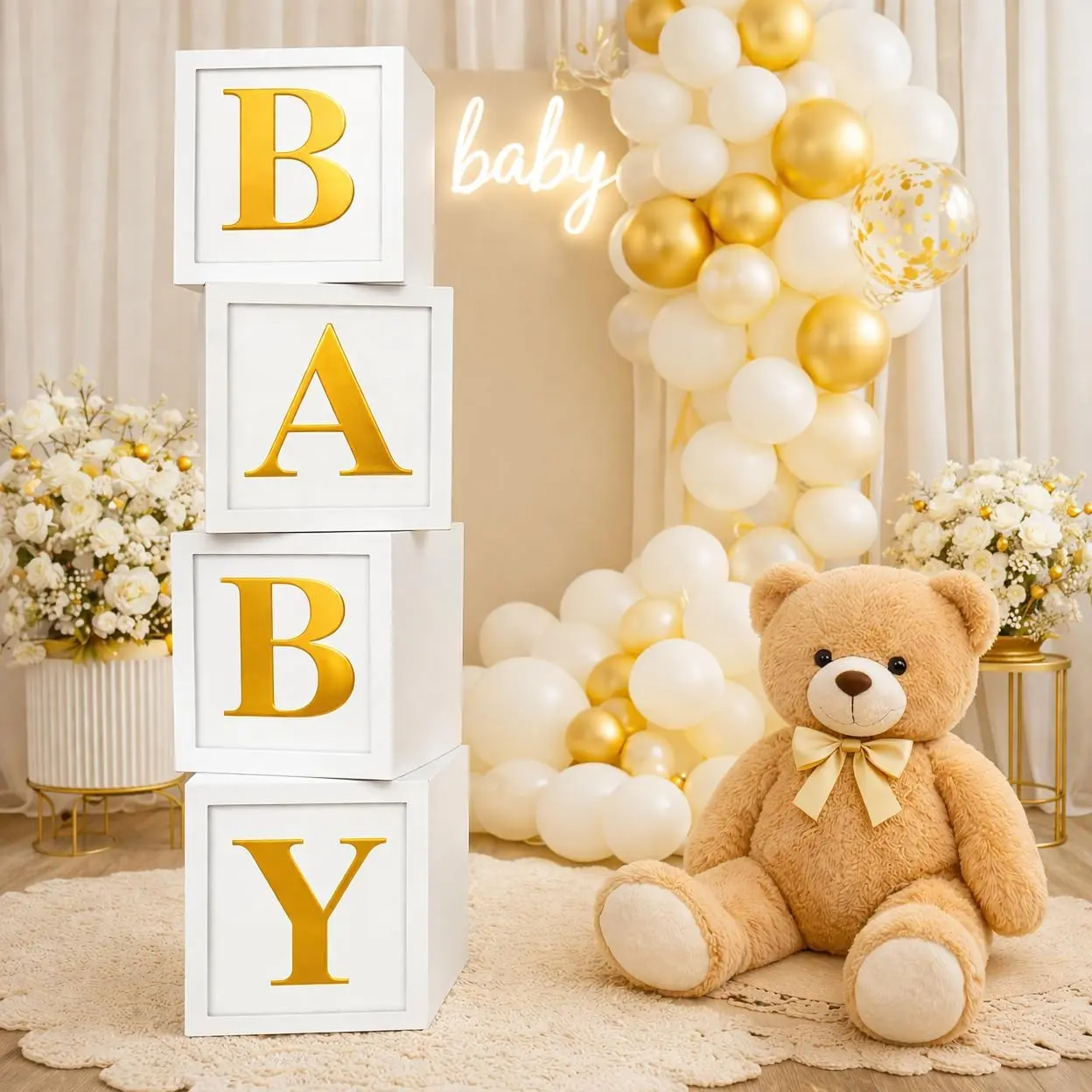 Shower Balloon Boxes - 4 White Photo Prop Blocks with   Letters for Elegant Party Displays &  Decor