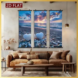 [2D-Flat]3pcs Exquisite Posters Canvas Wall Art Beach Love Sunset Painting Print Ink Wash Painting Unframed Scroll Hanging Painting, HD Art Decor, Modern Art Design, Pattern for Living Room, Best Gift for New Year, Indoor-Outdoor, Fade-Resistant Art