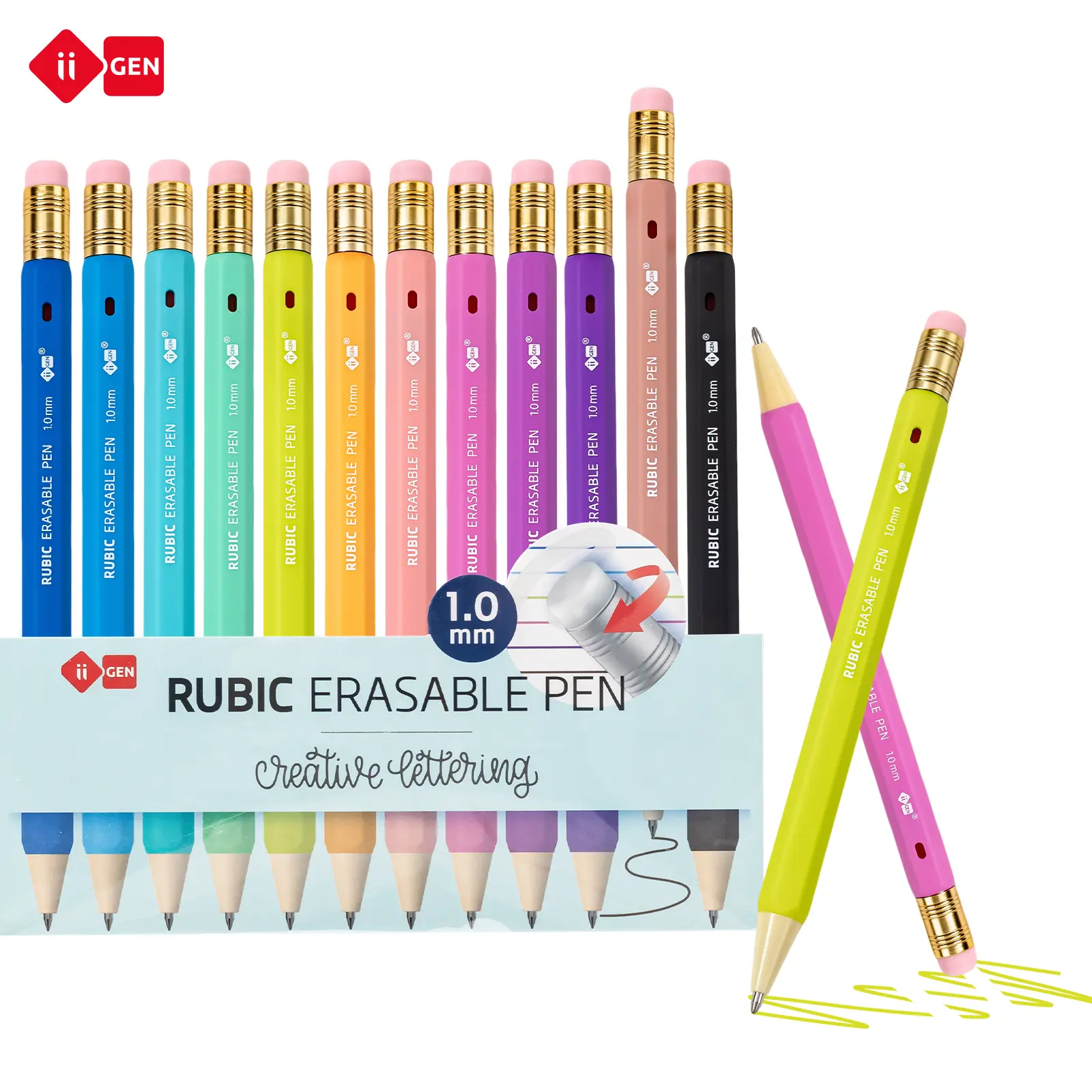 iiGEN x Creative Lettering 1.0mm RUBIC Erasable Ink Pens - 12/24 Colors, Bold Point, Smooth Writing, Quick-Drying, Retractable Twist, Back to School Supplies for Journaling, Drawing