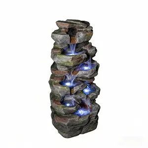 Rock Waterfall Outdoor Fountain with LED Lights Stone Garden Fountains Outdoor Décor for Patio Lawn Backyard Cascading Tiered Outdoor Water Fountain