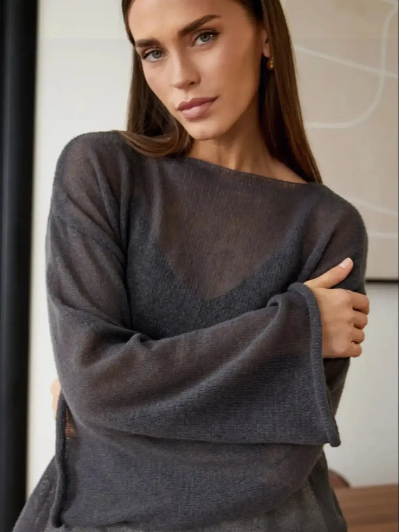 Women's Transparent Sheer Thin Lightweight Long Sleeve Round Neck Beach Bell Flared Sleeve Hollow Out Knitwear Sweater Pullover, Chic Casual Loose-Fitting All Seasons Top Womenswear