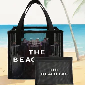 Black Mesh Beach Bag, Black Transparent Mesh Double Handle Tote Bag, Mesh Carrying Bag, Mesh Beach Tote Bag with "Beach" Letter Print, Large Capacity, Travel Portable Bag, Skin Care Storage Toiletries Bag, Lightweight Beach Bag