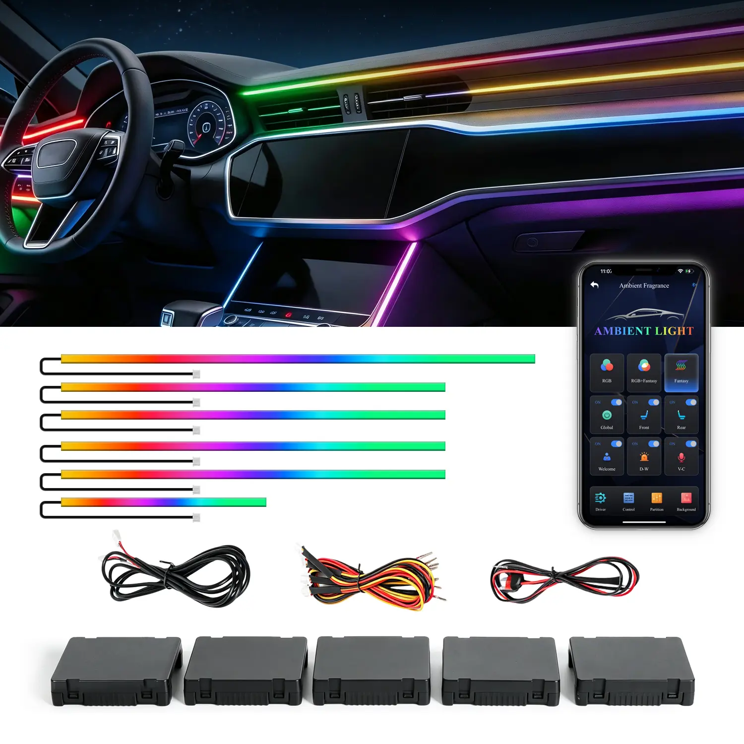Dreamcolor Acrylic LED Ambient Light Kit, Wireless APP Control,16 Million Colors Music Sync for Car Interior Decoration, Cool Car Stuff