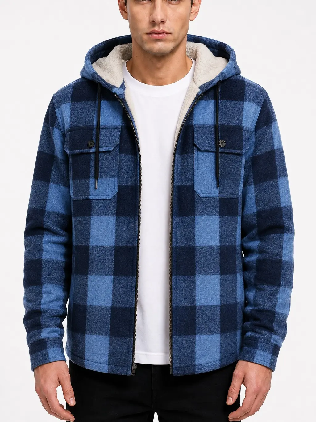 ZITY Mens Checkered Polyester Sherpa Lined Flannel Zip Up Hoodie - Long Sleeves, Chest Pockets, Cozy Warm Winter Layer, Hoodie Jacket for Layering, Casual Comfy Menswear Outerwear