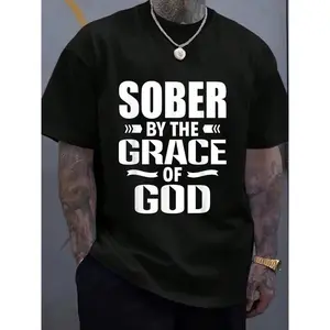 Women's Cotton Christian Jesus Religious Saying "Sober By The Grace Of God" Short-Sleeve Graphic Tee, Menswear Clothes for Gym & Layering, Casual Fashion Tops