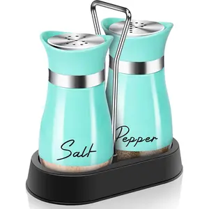 Salt and pepper shakers set with holder, 4 oz refillable turquoise farmhouse kitchen decor accessories table gadgets, ideal housewarming and Christmas gift