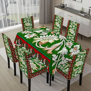 5/7-piece 2D Flat Printing Spring Joy: White Flowers on Green Background Printing Pattern Tablecloth and Chair Cover Set, for dining table and chair decoration, perfect for home, holiday gatherings, restaurants, and parties.