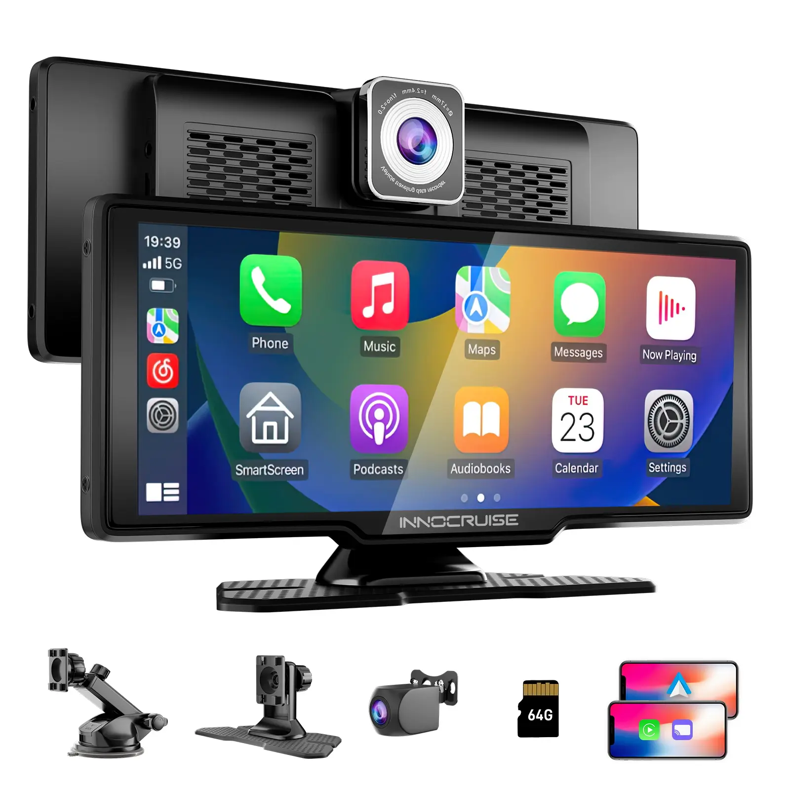 Innocruise Carplay Box Pro ,10.26" Wireless Carplay and Android Auto with 2.5K Dash Cam, 1080P Backup Camera, Portable Touchscreen GPS Navigation for Car, Car Stereo Receiver with Bluetooth,AirPlay,AUX,FM,Googel,Siri