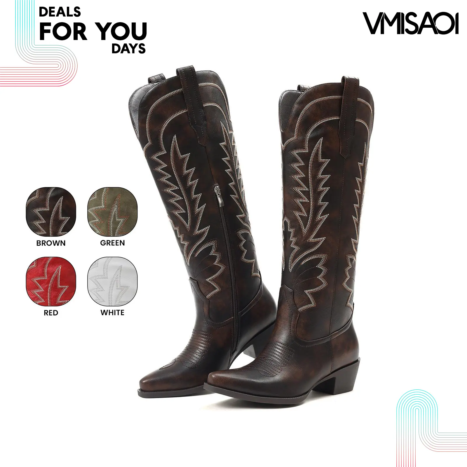 VIMISAOI Women Cowboy Boots Knee High Pointed Toe Chunky Block Heel Side Zipper Western Embroidered Vintage Fashion Comfortable Trendy Casual Country Wedding Festival Events Everyday Wear Concert Party Dance Gift Cowgirl Dress Shoes