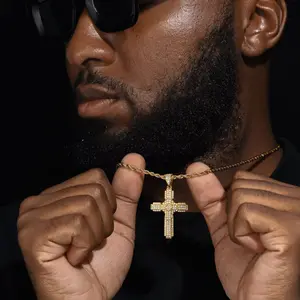 Ice Cut Diamond Cross Necklace for Men 14K Gold Plated Cross Pendant Necklace with Rope Chain 18-24 Inches