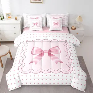 Pink Silk Bowknot 7 Piece Bedding Set Cute Polka Dot Comforter Set with Sheets for Kids Boys Girls White Pink Bed in a Bag Sweet Romantic Bed Set Soft Lightweight
