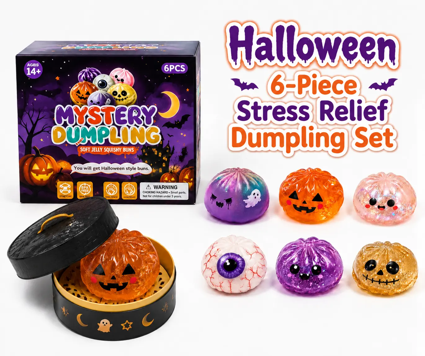 Halloween Glitter Ghost Dumpling Squeeze‑Toy Set, Spooky‑Themed Stress‑Relief Squishy Fidget Toys, Portable Hand‑Held Decompression Toy, Ideal Halloween Party Favors, Trick‑or‑Treat Bag Fillers & Holiday Gifts