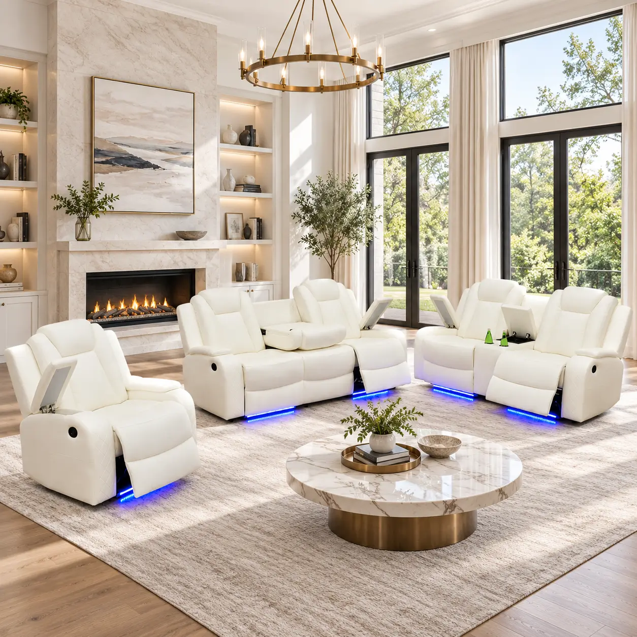 Power Reclining Sofa Collection, Breathing Leather Living Room Furniture with USB Charging, LED Lights, Storage and Cup Holders