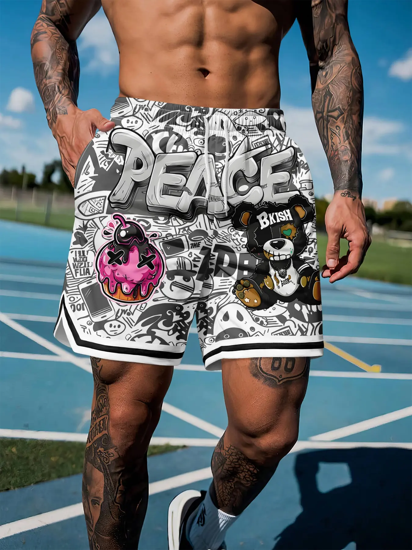 Men's Peaceful Bear Cartoon Print Basketball Shorts, Casual Sporty Drawstring Fitness Shorts, Loose-Fitting All-Seasons Graphic Shorts