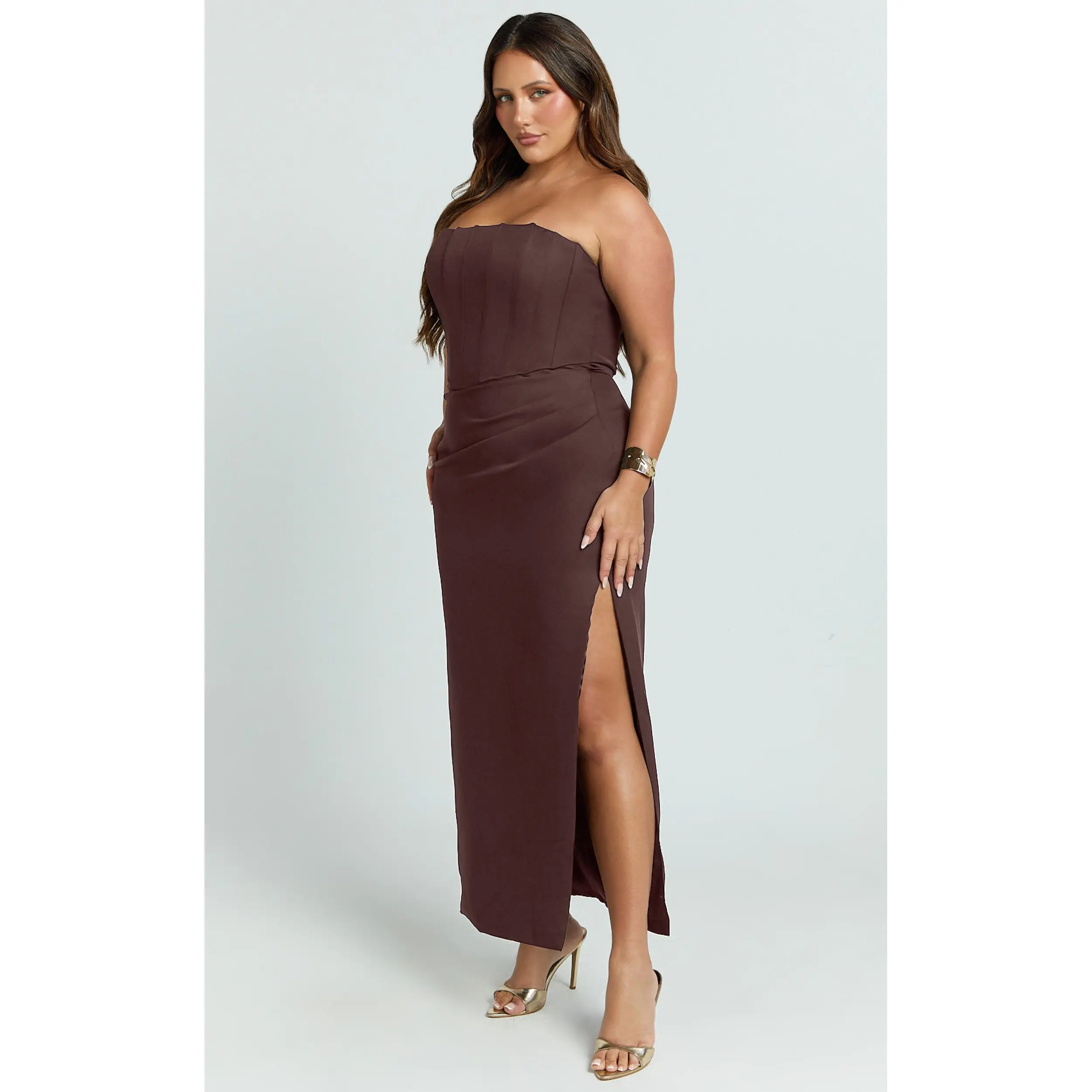 Avery Midi Dress - Strapless Draped Side Split Dress in Chocolate - TikTok  Shop