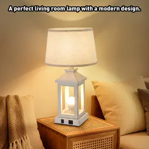 Touch bedside lamp for bedroom desk lamp nightstand with fabric shade, white with brushed gold