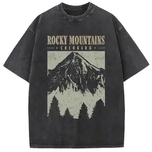 Holafish Oversize Acid Wash Vintage Mountain pattern T-Shirt Heavyweight Cotton Streetwear graphic vintage tees Menswear Crewneck Tshirt